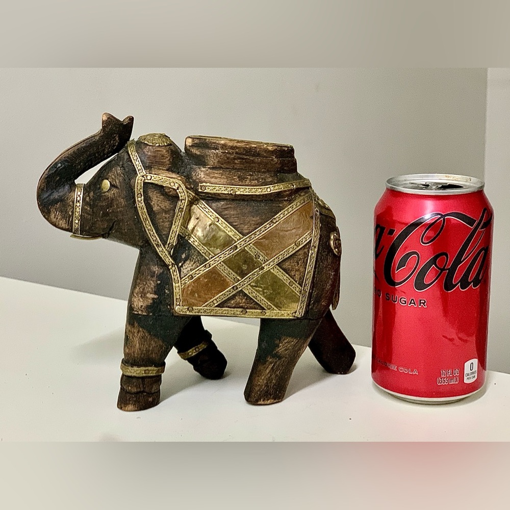 Vintage Asian Hand Crafted Ornate Inlaid Metal Wooden Folk Art Elephant Figurine